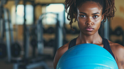 Female athlete with fitball in a gym. 