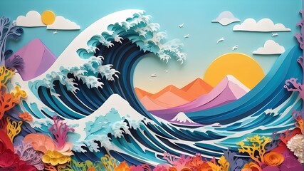 Colorful ocean wave paper cut ... Generative AI