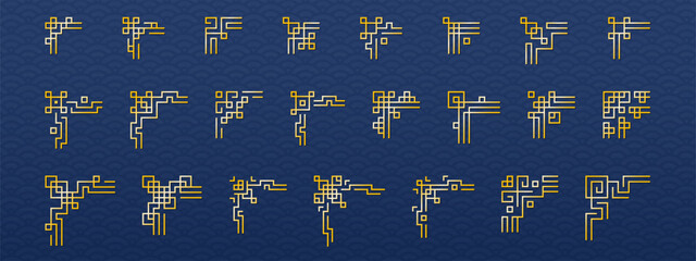 Big Set of Chinese frame corners. Traditional Asian pattern. Gold vector illustration isolated on blue background. Japanese, Korean and Chinese