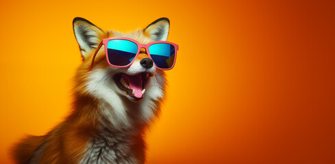 Fox wearing sunglasses on a orange color background. Generative AI