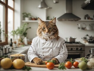 Cute cat chef cooking food. AI Generated.