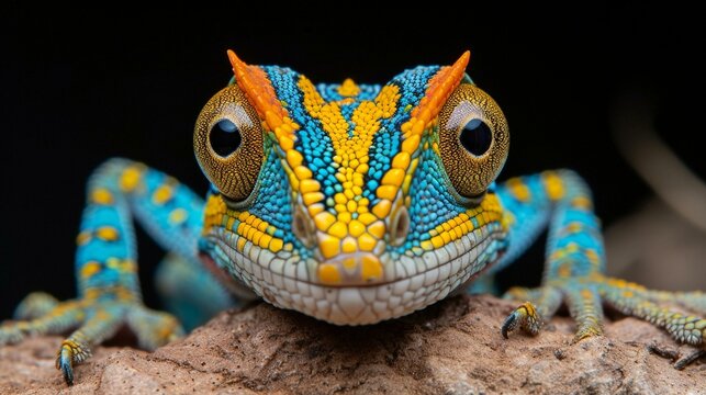 Close-up of a colorful panther chameleon staring with curiosity.
