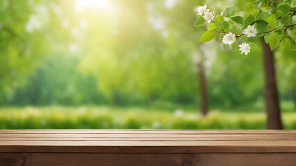 Wooden empty table with Beautiful spring natural green background, blurred nature background, product presentation & showcasing, Generative AI