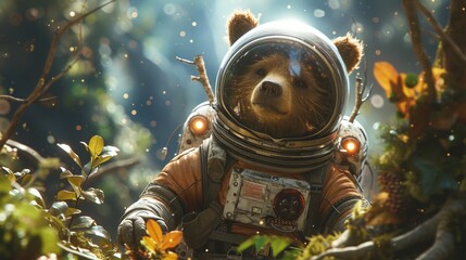 Bear astronaut exploring space.