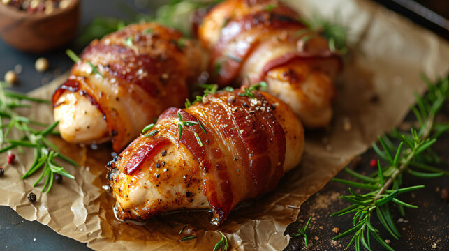 Bacon wrapped chicken breasts on table