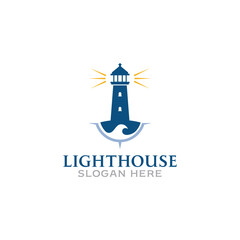 Lighthouse Beacon searchlight with wave ocean and compass simple Logo Design Inspiration