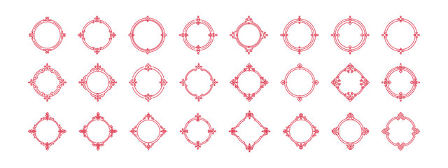 Big Set of round Chinese frame corners. Traditional Asian pattern. Vector illustration isolated on white background. Japanese, Korean and Chinese circle
