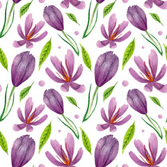 Watercolor spring pattern with crocus flowers, bud, leaves, dots on white background. For spring products, wrapping etc.