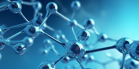 3d rendering of molecules from human body, Molecular structure and medical background, Water molecules and bubbles floating in blue water in the style of molecular structures


