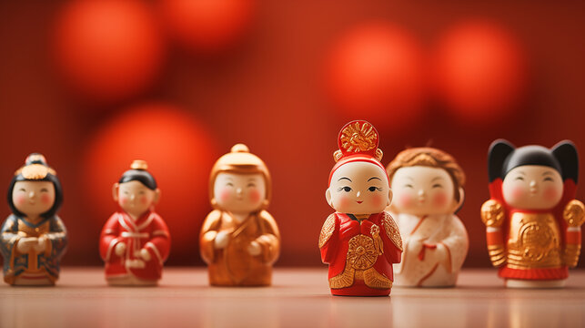 Chinese New Year figurines, meticulously crafted, radiate festive energy with cultural symbolism, infusing spaces with traditional charm and auspicious vibes for a prosperous celebration