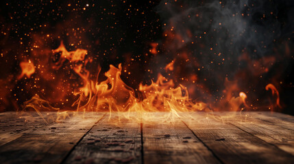 A wooden table adorned with a multitude of blazing fire flames. - obrazy, fototapety, plakaty