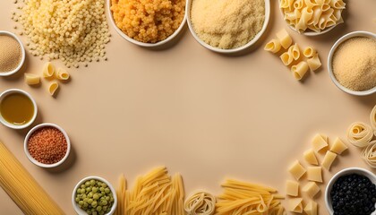 Frame from various pasta, bulgur and couscous on a beige background top view. Flat lay. Italian food background. Free space for text.
 - Powered by Adobe