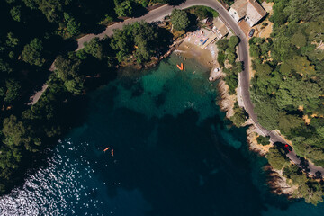Stunning drone-captured scenery: Portofino Bay in all its beauty. Breathtaking view of Italian Riviera. 