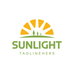Simple sun shining brightly with symbols of greenfield land and trees for agriculture farming Logo Design Inspiration