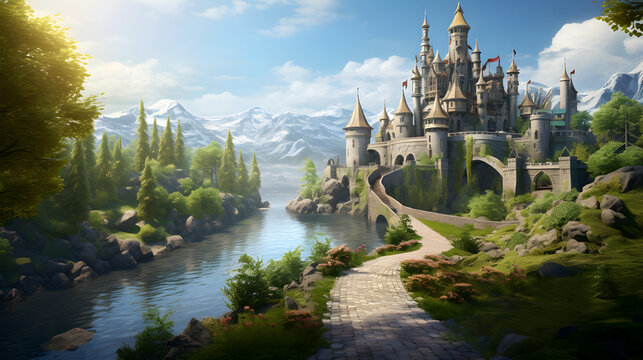 The Elegance of an Old Castle with a Magnificent Natural Background Free Photo,,
Cartoon anime fantasy fairytale castle in the forest with a tall pointed roof
