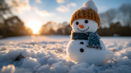 Obraz premium A snowman, with a snowy field as the background, during a playful winter afternoon
