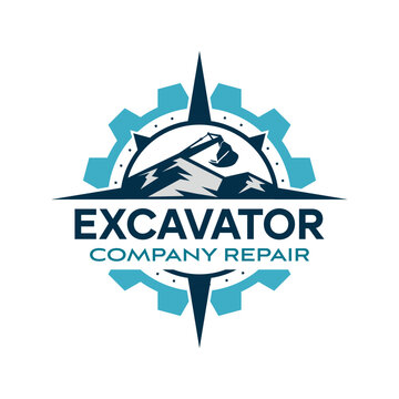 Excavator repair with Mountain, Compass, Gear Element Vintage Logo Design Simple