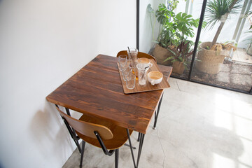 Coffee shop with wooden tables.