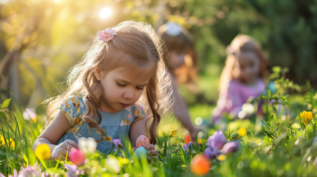 Kinder suchen Ostereier im Gras im Garten Generative AI