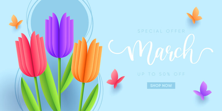 International Women's Day illustration. 8 March Greeting card with paper tulips flowers and butterflies. Vector design.
