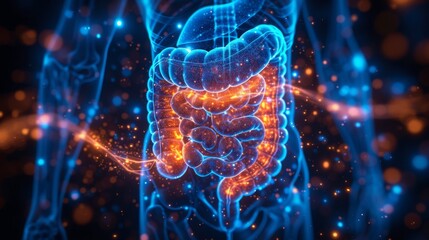 A visualization of human health and digestion issues, featuring a medical glow around the anatomy of the stomach and intestines, indicating pain and disease treatment.