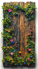 Wild plants and flowers on a wooden rustic background, copy space.