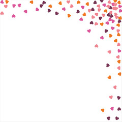 Bright hearts confetti corner frame on white background. Valentine's Day. Banner template. Space for text. illustration.