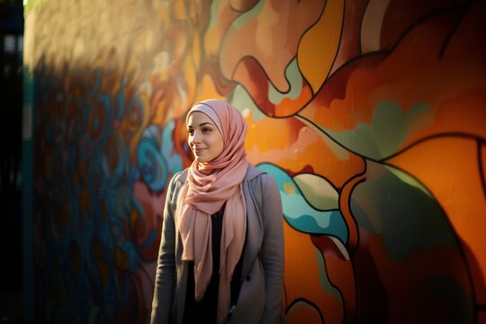 Portrait of beautiful young muslim woman with hijab in urban background smiling at camera. Islam. Muslim. Islam Concept with Copy Space.