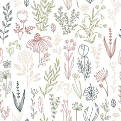 Fototapeta premium Floral doodle seamless pattern. Vector hand-drawn illustration of flowers and herbs. Thin line sketch.
