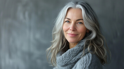 Naklejka premium Beautiful woman with grey hair smiling posing on grey background.