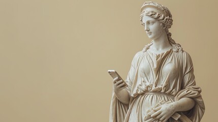 Marble female statue holding smartphone, classical artistry with contemporary technology integration against beige backdrop