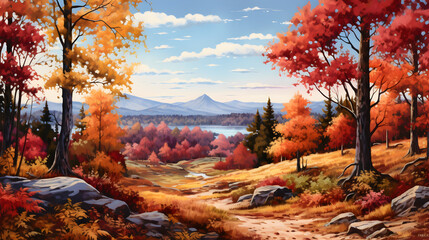 Naklejka na ściany i meble Natural beautiful multicolor autumn scenery landscape painting on paper HD acrylic image,, Autumn and fall, autumn painting and fantasy style high quality