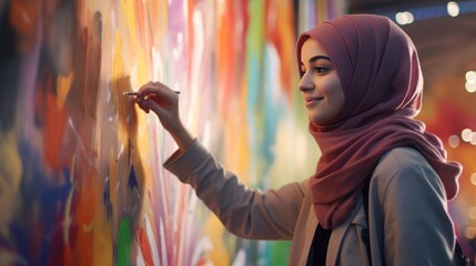 Portrait of young muslim woman in hijab drawing graffiti on wall. Islam. Muslim. Islam Concept with...