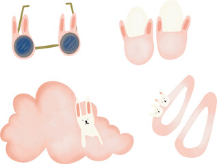 Vector hand drawn watercolor style illustration set of cute bunnies accessories collection