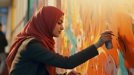 Portrait of young muslim woman in hijab drawing graffiti on wall. Islam. Muslim. Islam Concept with...