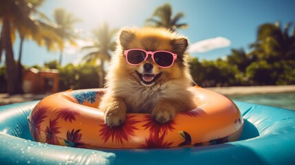 Cute Pomeranian with sunglasses on a pool float, Summer Vacation Concept 