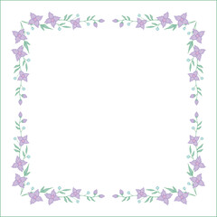 Fototapeta na wymiar Green floral frame with leaves and purple flowers, decorative corners for greeting cards, banners, business cards, invitations, menus. Isolated vector illustration. 