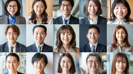 This photo showcases a collage of Japanese different people from diverse backgrounds, all of whom are smiling.