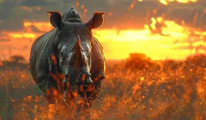 Rolgordijnen A rhino standing in a field at sunset. Generative AI © Paradoxx