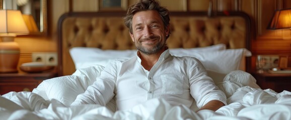 Smiling Man Waking Cosy Bedroom, Background HD For Designer