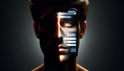A close-up of a person's face, half illuminated by the glow of a smartphone screen showing social media comments, the other half in shadow, reflecting a mix of emotions like doubt and contemplation.