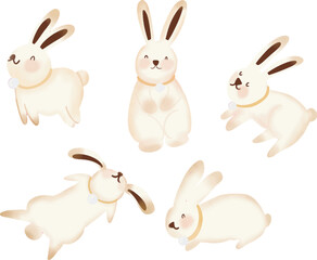 Vector handdrawn watercolor style illustration set of rabbits or bunnies clipart collection