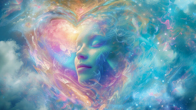 Woman face, in pastel colored cosmos, sky. Heart in blue, pink and gold connecting her to universe, higher self, meditation, self love, esoteric. Spirituality awareness. Concept. Magic of perception.