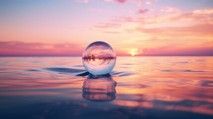 Glass sphere in the water at sunset, calm, meditative, relaxing, mental health, emotional balance,  wellness