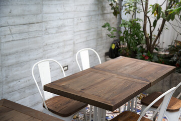 Coffee shop with wooden tables.