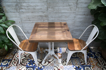 Coffee shop with wooden tables.