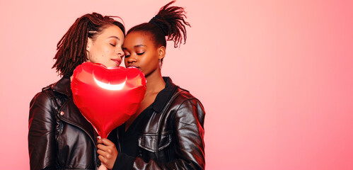 Fototapeta na wymiar Valentines Day flyer background template with an interracial lesbian couple in love and holding heart shaped balloon front of a red background and copy space