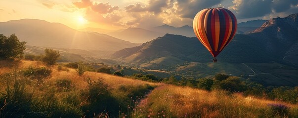 air balloon at sunrise on a mountaintop
