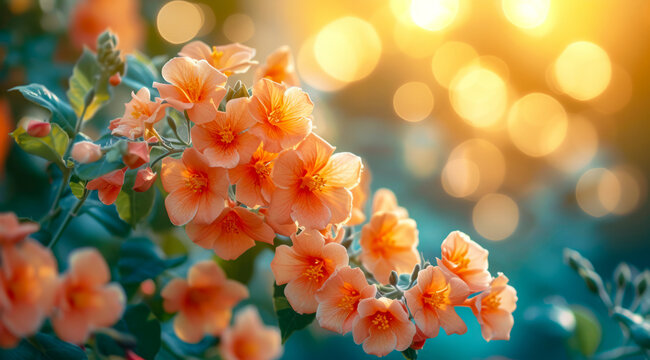 Orange campsis summer jazz trumpet flowers with shimmering bokeh lights on a teal backdrop, AI generated