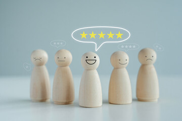 Customer Satisfaction survey, Feedback rating, service review and evaluation, World mental health day, Good emotional, Happiness, Passion concept. Figure are smiling and 5 star on speech bubble.